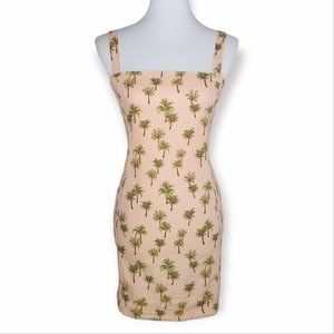 Robin K Linen Blend Fitted Dress Palm Tree Print Smocked Pink Tropical NWT